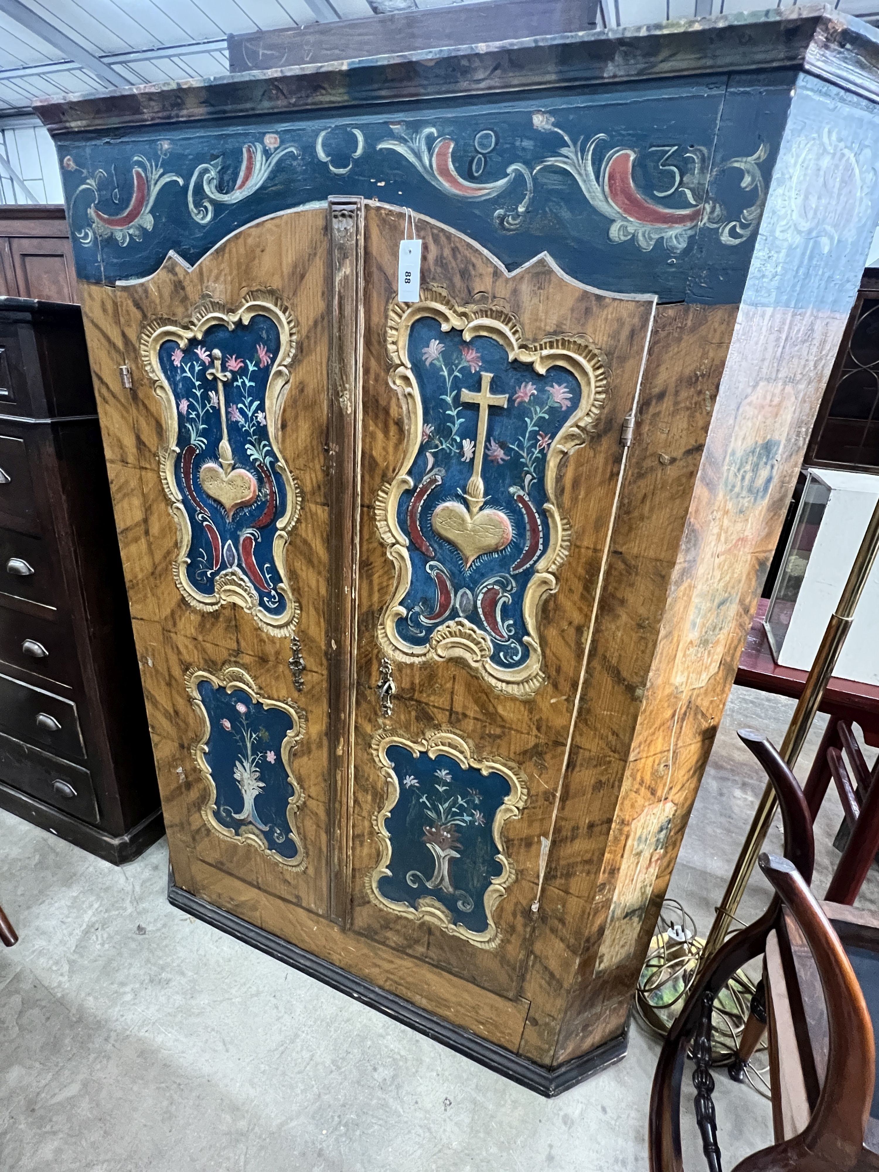 A 19th century Tyrolean painted pine armoire, width 130cm, depth 49cm, height 174cm